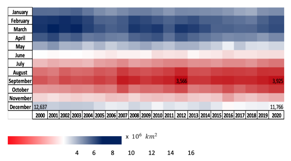Mappa del calore sull’estensione del ghiaccio marino anni 2000-2020