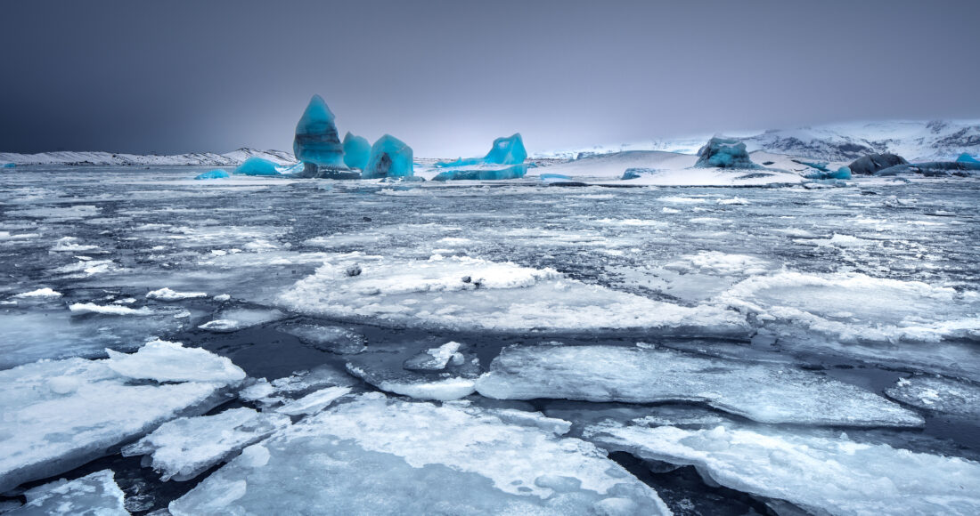 Glacial lake with icebergs