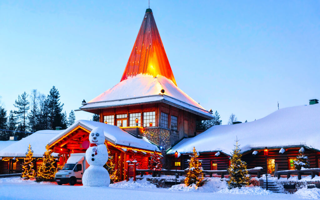 Snowman Santa Office Santa Village Rovaniemi Lapland evening new